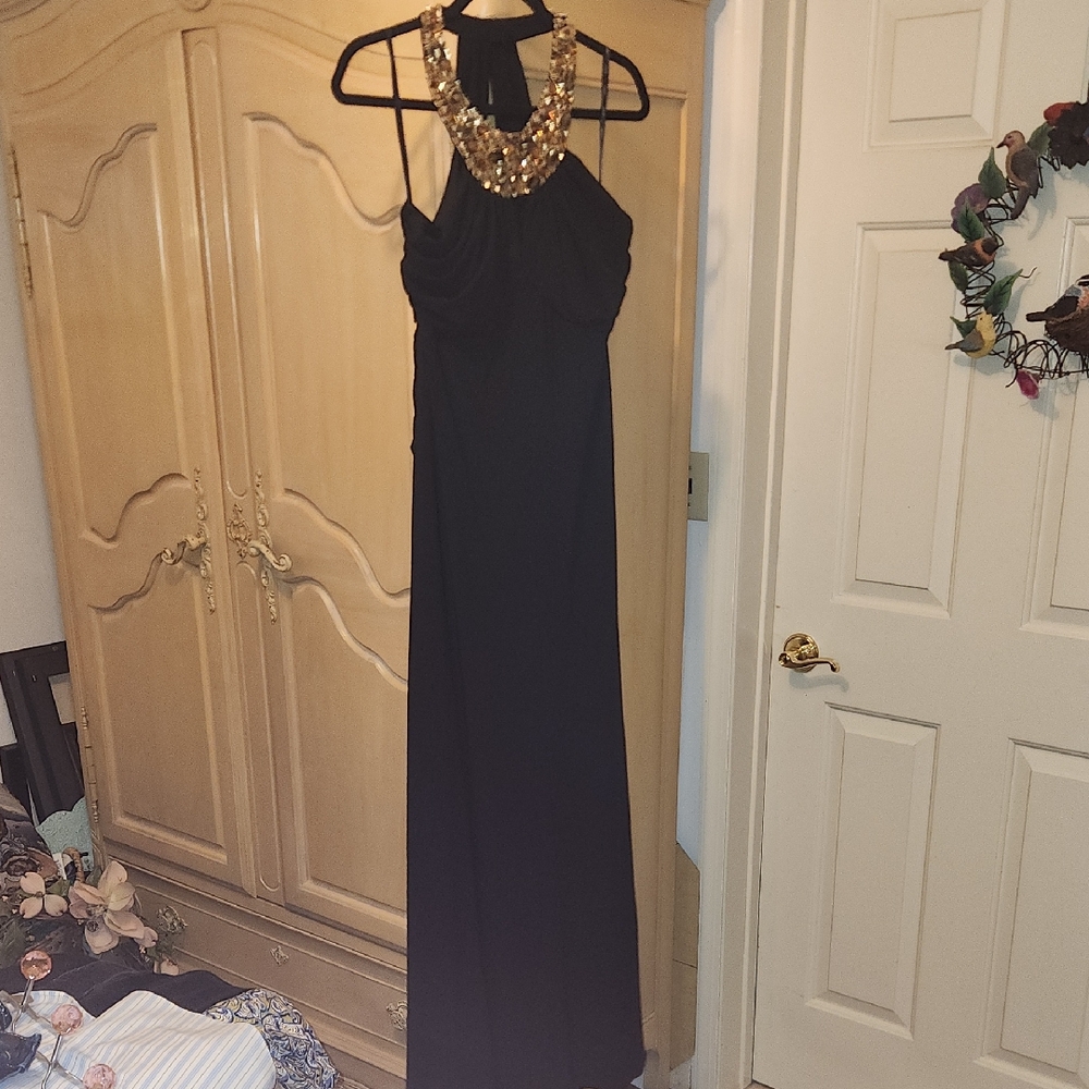 Chic Black Maxi Dress with Embellished Neckline